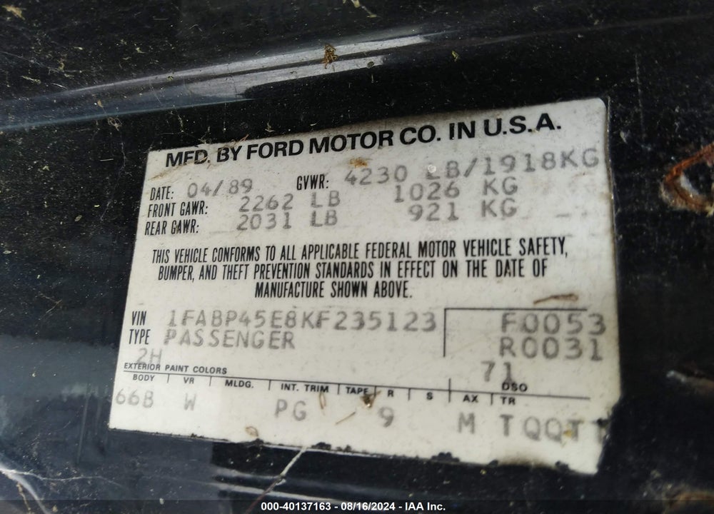 1989 FORD MUSTANG GT/COBRA GT VIN: 1FABP45E8KF235123