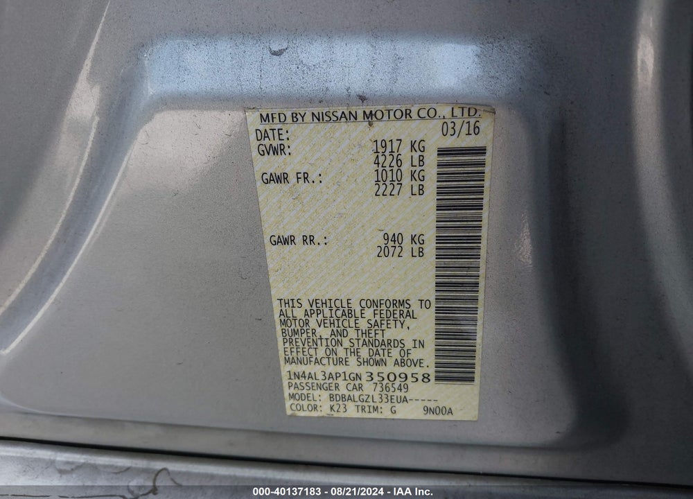 2016 NISSAN ALTIMA VIN: 1N4AL3AP1GN350958