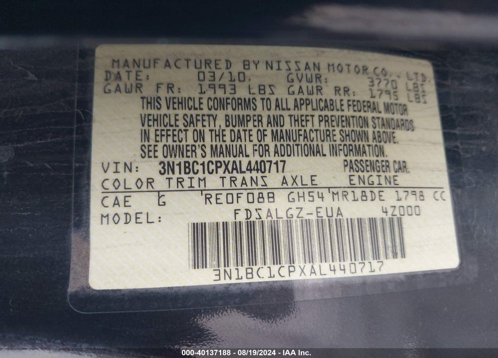 2010 NISSAN VERSA 1.8SL VIN: 3N1BC1CPXAL440717
