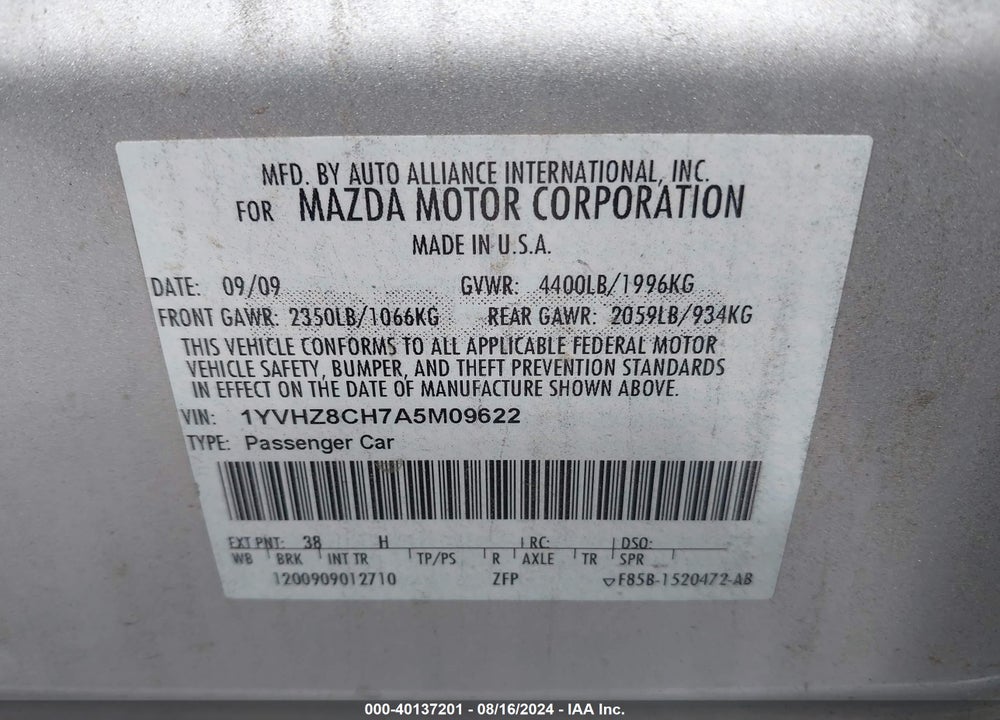 2010 MAZDA 6 I TOURING VIN: 1YVHZ8CH7A5M09622