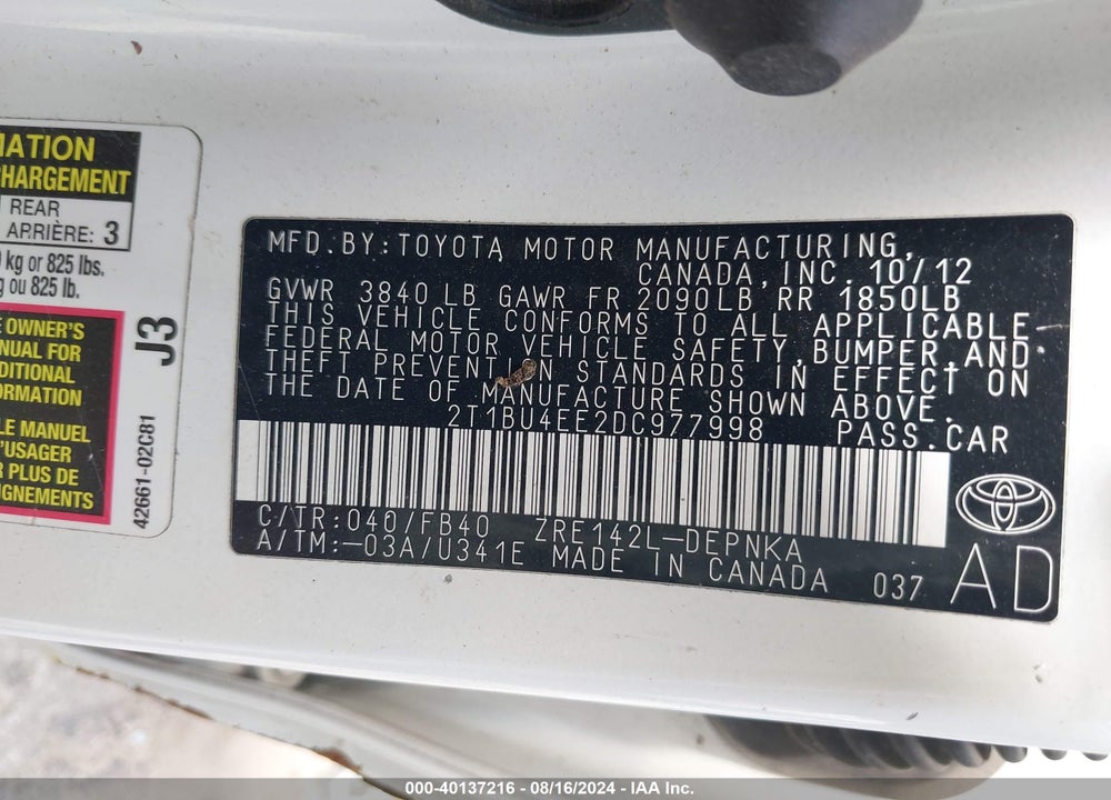 2013 TOYOTA COROLLA LE VIN: 2T1BU4EE2DC977998