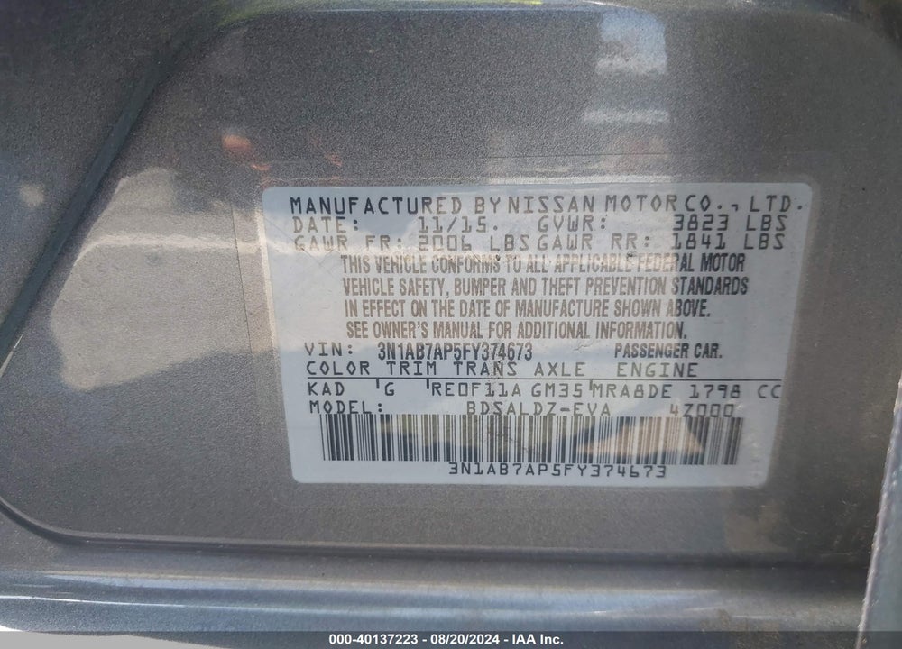 2015 NISSAN SENTRA SV VIN: 3N1AB7AP5FY374673