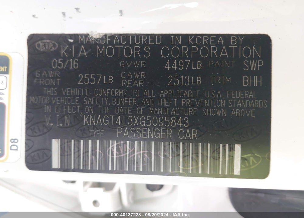 2016 KIA OPTIMA LX VIN: KNAGT4L3XG5095843