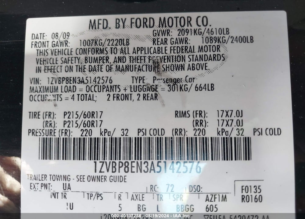 2010 FORD MUSTANG V6/V6 PREMIUM VIN: 1ZVBP8EN3A5142576