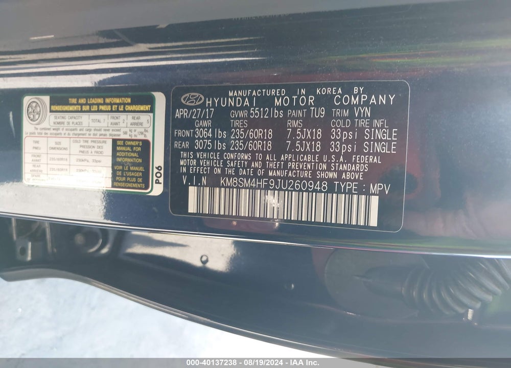 2018 HYUNDAI SANTA FE SE VIN: KM8SM4HF9JU260948