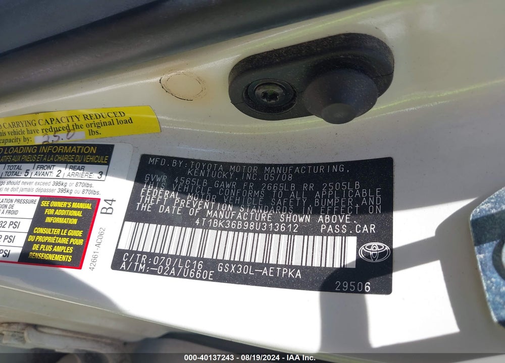 2008 TOYOTA AVALON LIMITED VIN: 4T1BK36B98U313612