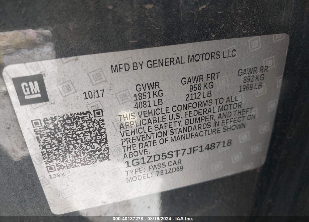 2018 CHEVROLET MALIBU LT VIN: 1G1ZD5ST7JF148718