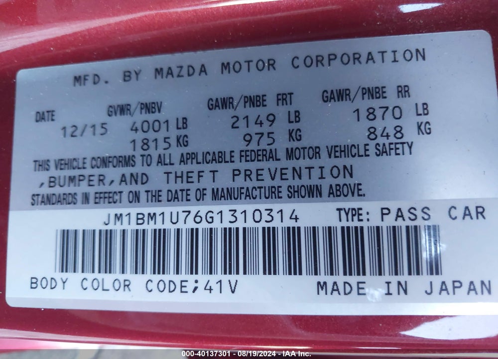 2016 MAZDA 3 I SPORT VIN: JM1BM1U76G1310314