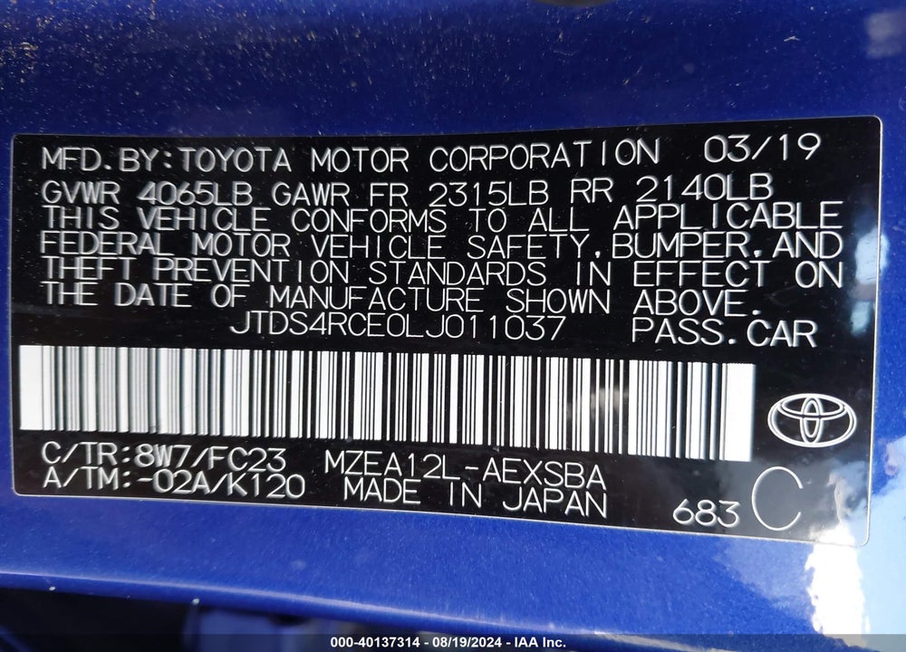 2020 TOYOTA COROLLA SE VIN: JTDS4RCE0LJ011037