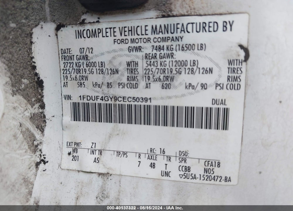 2012 FORD F-450 CHASSIS XL VIN: 1FDUF4GY9CEC50391