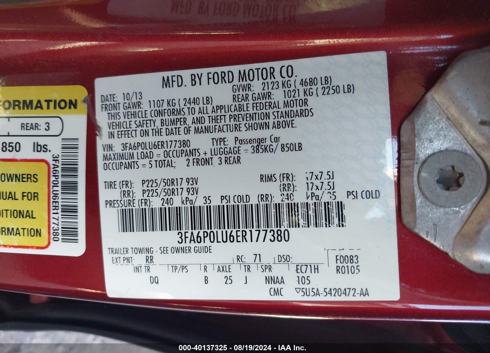2014 FORD FUSION HYBRID SE VIN: 3FA6P0LU6ER177380
