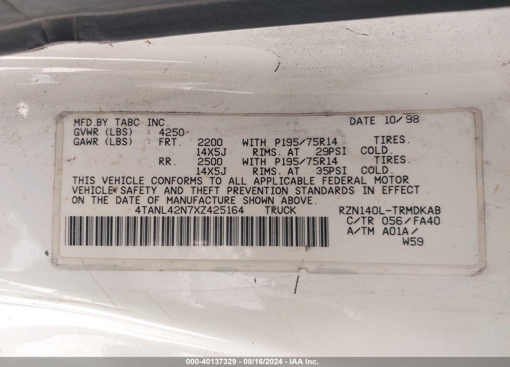 1999 TOYOTA TACOMA VIN: 4TANL42N7XZ425164