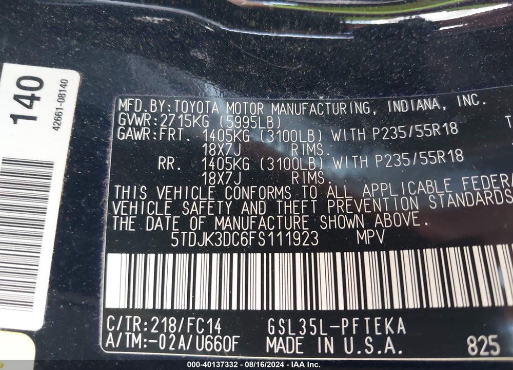 2015 TOYOTA SIENNA LE 7 PASSENGER VIN: 5TDJK3DC6FS111923