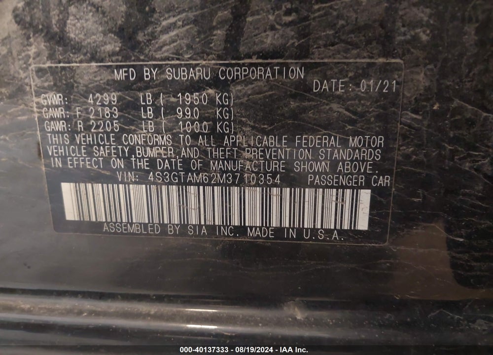 2021 SUBARU IMPREZA SPORT 5-DOOR VIN: 4S3GTAM62M3710354