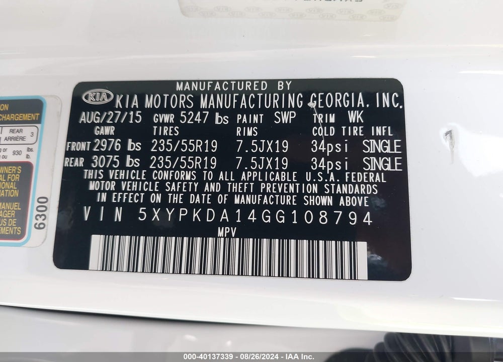 2016 KIA SORENTO 2.0T SXL VIN: 5XYPKDA14GG108794