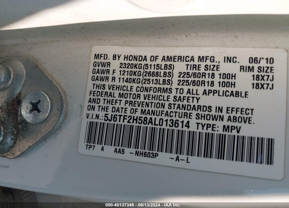2010 HONDA ACCORD CROSSTOUR EX-L VIN: 5J6TF2H58AL013614