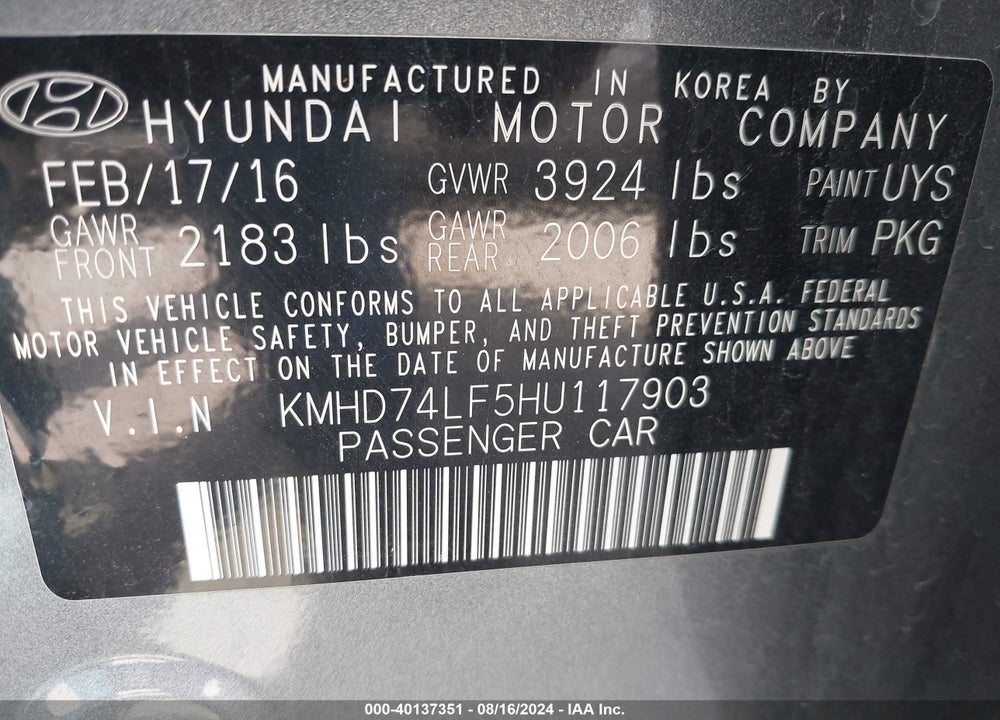 2017 HYUNDAI ELANTRA SE VIN: KMHD74LF5HU117903