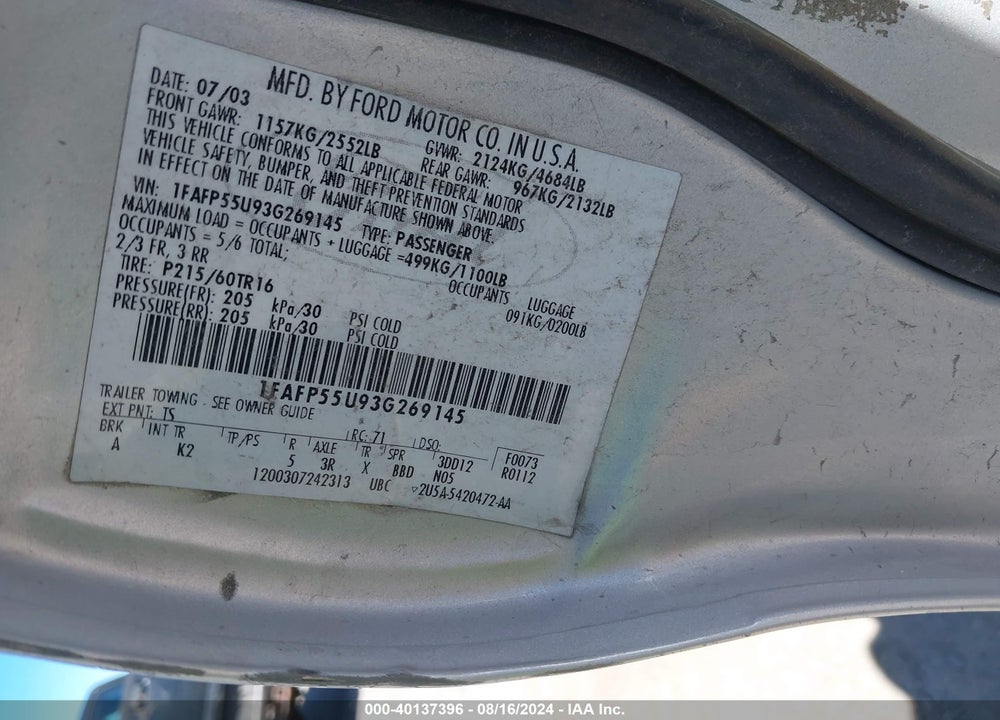 2003 FORD TAURUS SES VIN: 1FAFP55U93G269145