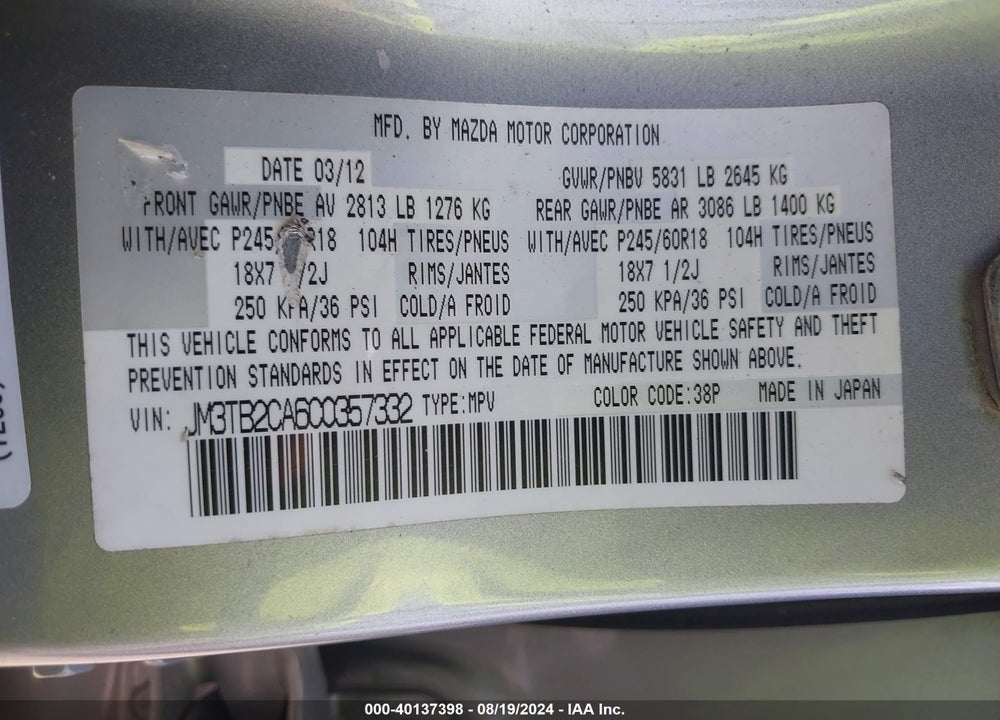 2012 MAZDA CX-9 TOURING VIN: JM3TB2CA6C0357332
