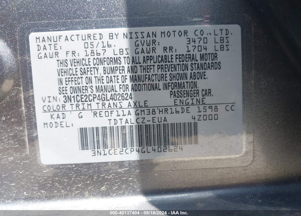 2016 NISSAN VERSA NOTE S PLUS VIN: 3N1CE2CP4GL402624