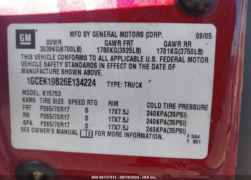 2006 CHEVROLET SILVERADO 1500 LT2 VIN: 1GCEK19B26E134224