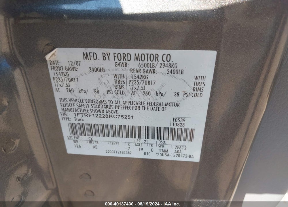 2008 FORD F-150 STX/XL/XLT VIN: 1FTRF12228KC75251