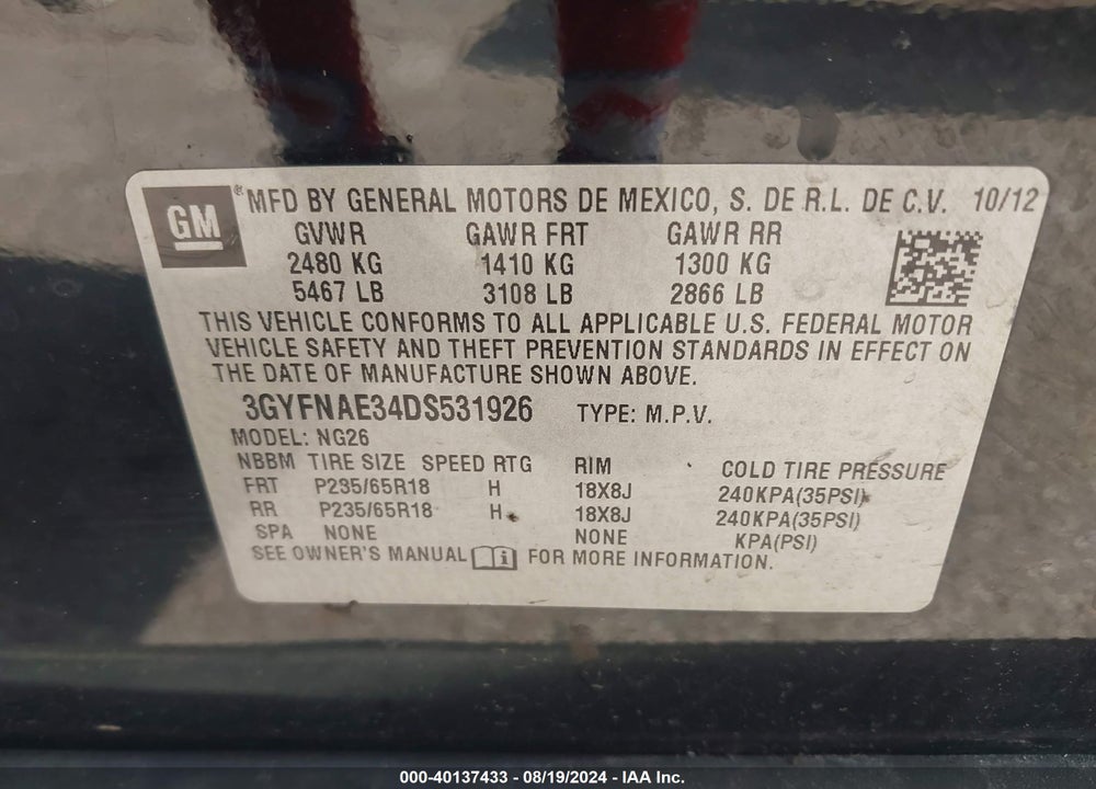 2013 CADILLAC SRX STANDARD VIN: 3GYFNAE34DS531926