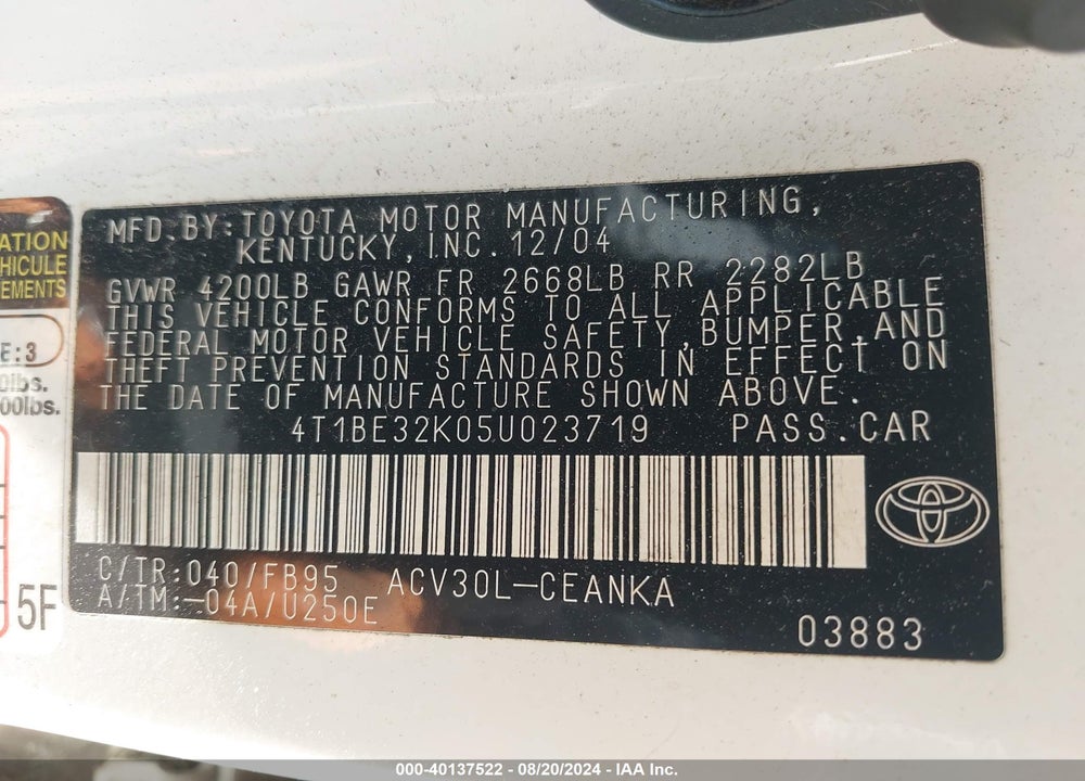 2005 TOYOTA CAMRY LE VIN: 4T1BE32K05U023719