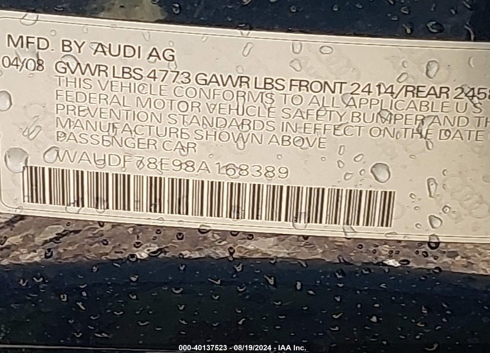 2008 AUDI A4 2.0T/2.0T SPECIAL EDITION VIN: WAUDF78E98A168389