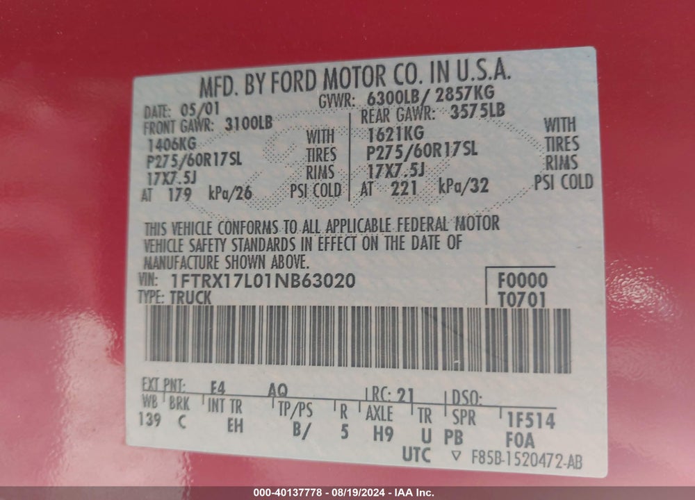 2001 FORD F-150 LARIAT/XL/XLT VIN: 1FTRX17L01NB63020