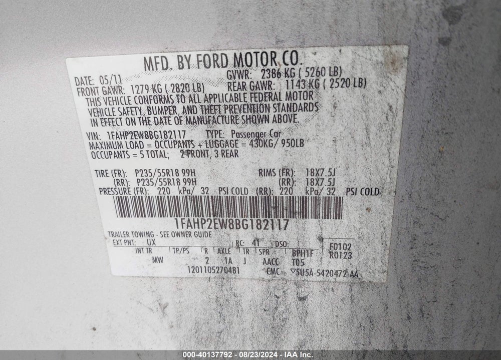 2011 FORD TAURUS SEL VIN: 1FAHP2EW8BG182117