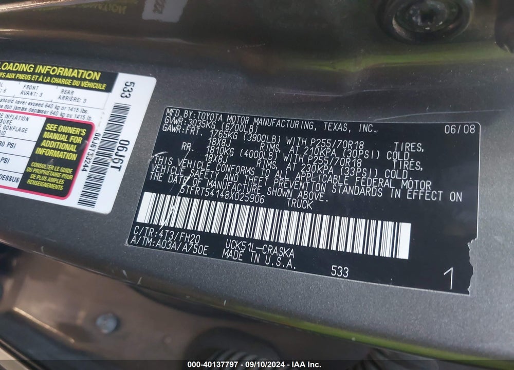 2008 TOYOTA TUNDRA BASE 4.7L V8 VIN: 5TFRT54148X025906