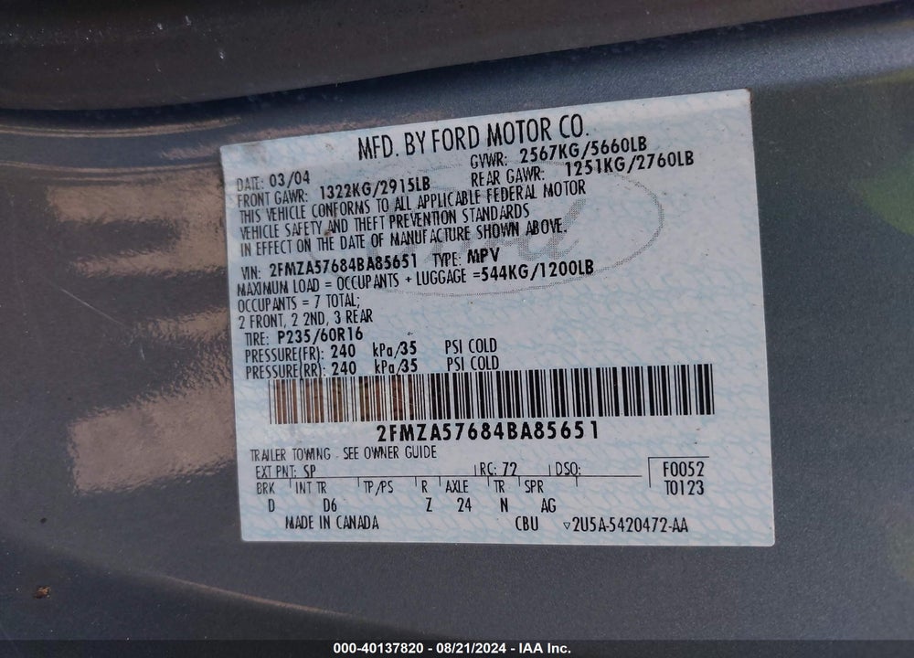 2004 FORD FREESTAR SES VIN: 2FMZA57684BA85651
