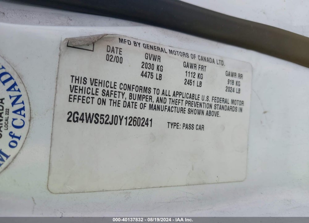 2000 BUICK CENTURY CUSTOM VIN: 2G4WS52J0Y1260241