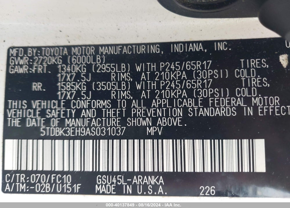 2010 TOYOTA HIGHLANDER BASE V6 VIN: 5TDBK3EH9AS031037