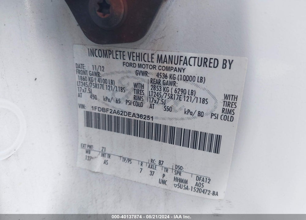 2013 FORD F-250 XL VIN: 1FDBF2A62DEA36251