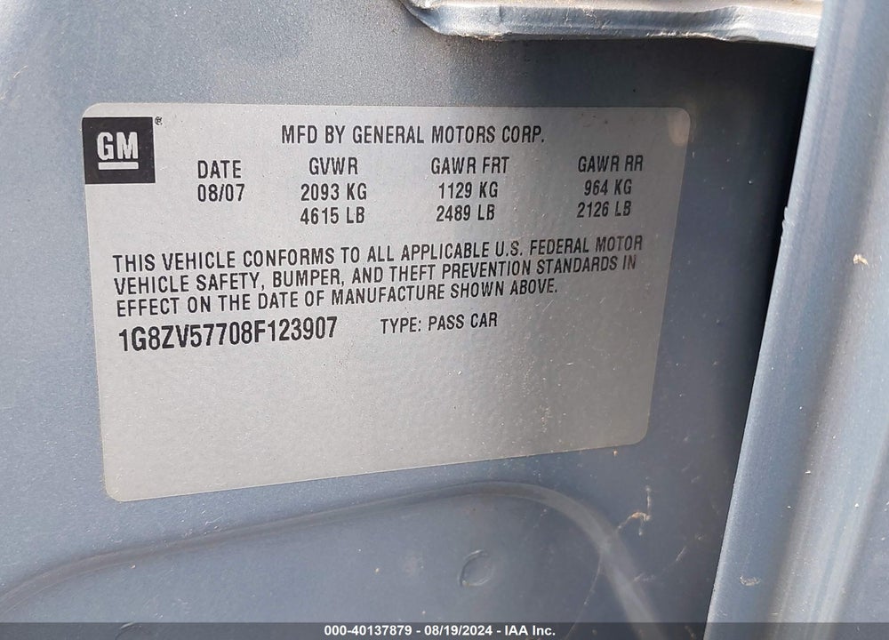 2008 SATURN AURA XR VIN: 1G8ZV57708F123907
