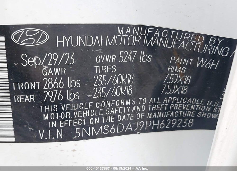 2023 HYUNDAI SANTA FE XRT VIN: 5NMS6DAJ9PH629238