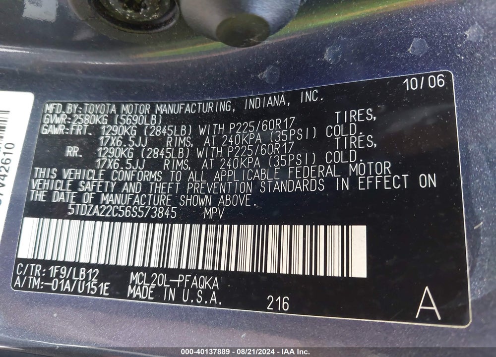 2006 TOYOTA SIENNA XLE LIMITED VIN: 5TDZA22C56S573845