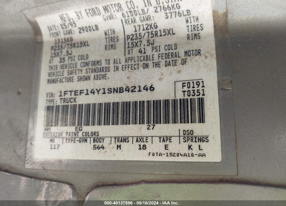 1995 FORD F150 VIN: 1FTEF14Y1SNB42146