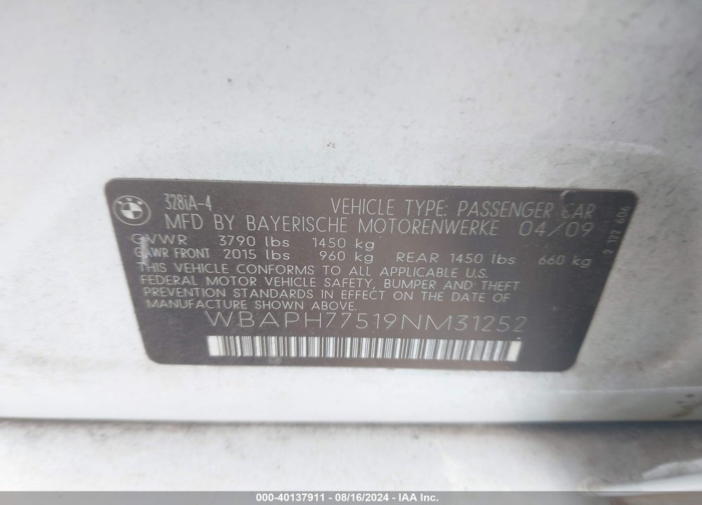 2009 BMW 328I VIN: WBAPH77519NM31252