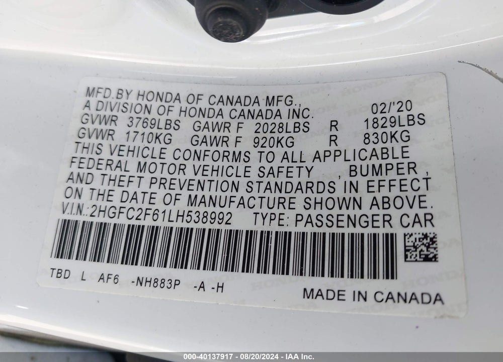 2020 HONDA CIVIC LX VIN: 2HGFC2F61LH538992