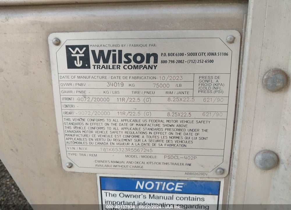 2024 WILSON TRAILER CO OTHER VIN: 1W1K65323R5567245