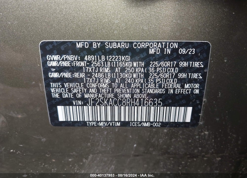 2024 SUBARU FORESTER PREMIUM VIN: JF2SKACC8RH416635