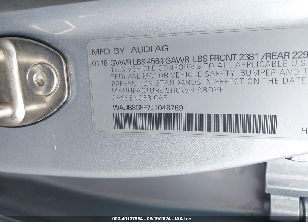 2018 AUDI A3 2.0T PREMIUM/2.0T TECH PREMIUM VIN: WAUB8GFF7J1048769