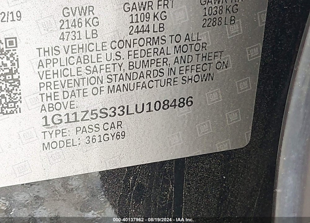 2020 CHEVROLET IMPALA FWD LT VIN: 1G11Z5S33LU108486