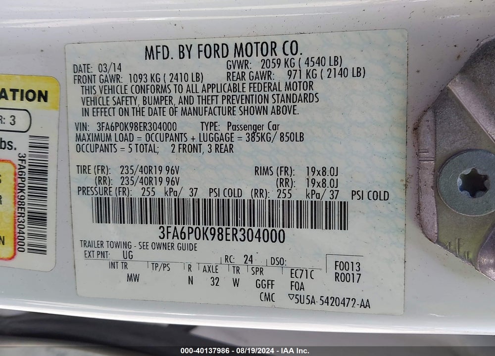 2014 FORD FUSION TITANIUM VIN: 3FA6P0K98ER304000