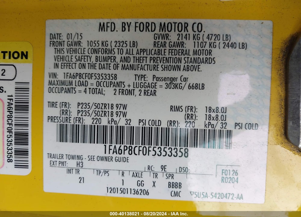 2015 FORD MUSTANG GT VIN: 1FA6P8CF0F5353358