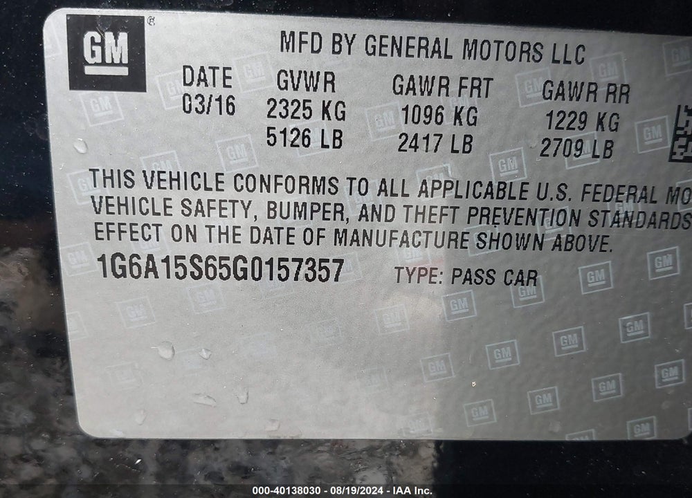 2016 CADILLAC CTS-V VIN: 1G6A15S65G0157357