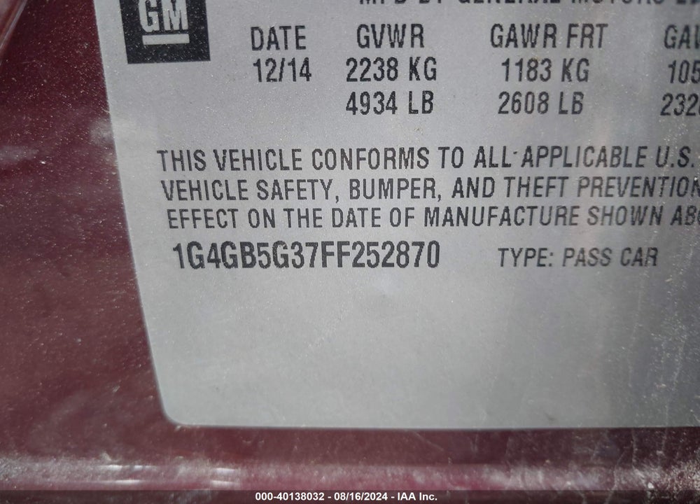 2015 BUICK LACROSSE LEATHER VIN: 1G4GB5G37FF252870